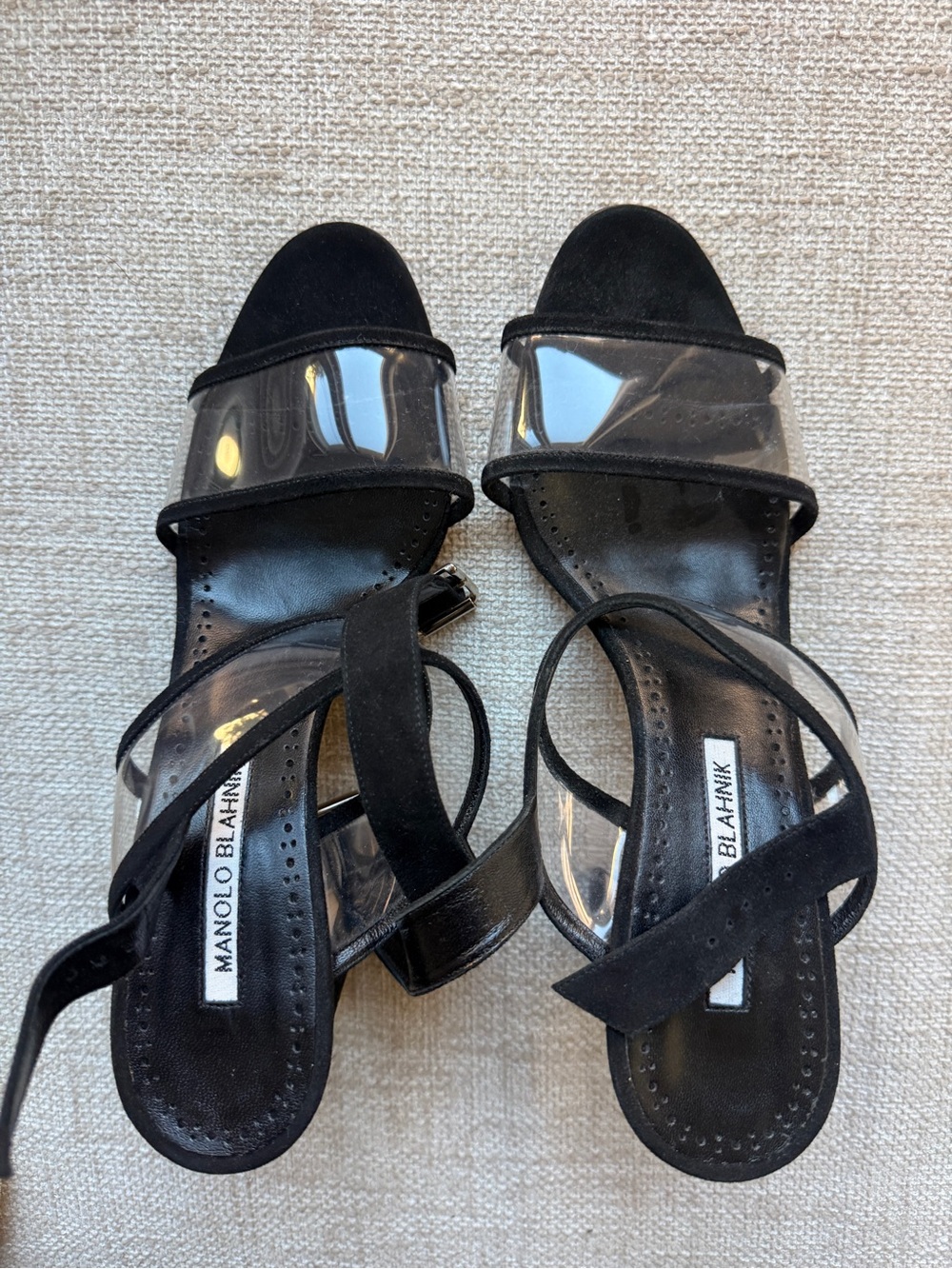 Manolo Blahnik Black Suede and Clear Strap Heeled Sandals
